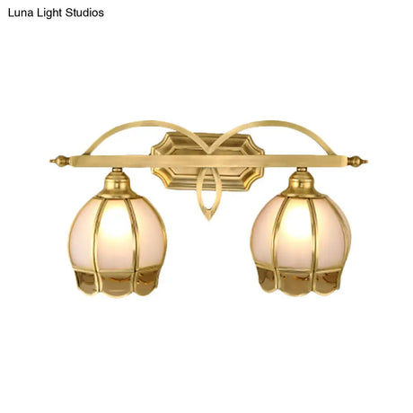 Gold Milk Glass Wall Sconce With Flower Accent 2-Light Vanity Fixture For Luxurious Bathroom
