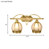Gold Milk Glass Wall Sconce With Flower Accent 2-Light Vanity Fixture For Luxurious Bathroom