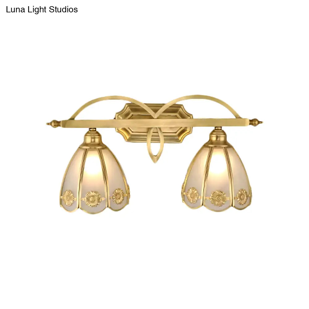Gold Milk Glass Wall Sconce With Flower Accent 2-Light Vanity Fixture For Luxurious Bathroom