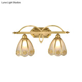 Gold Milk Glass Wall Sconce With Flower Accent 2-Light Vanity Fixture For Luxurious Bathroom