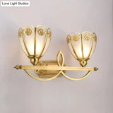 Gold Milk Glass Wall Sconce With Flower Accent 2-Light Vanity Fixture For Luxurious Bathroom
