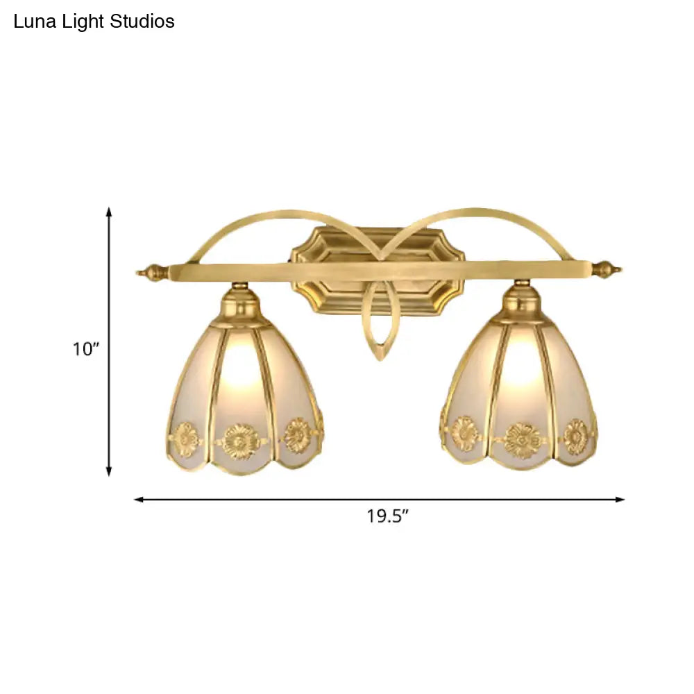 Gold Milk Glass Wall Sconce With Flower Accent 2-Light Vanity Fixture For Luxurious Bathroom