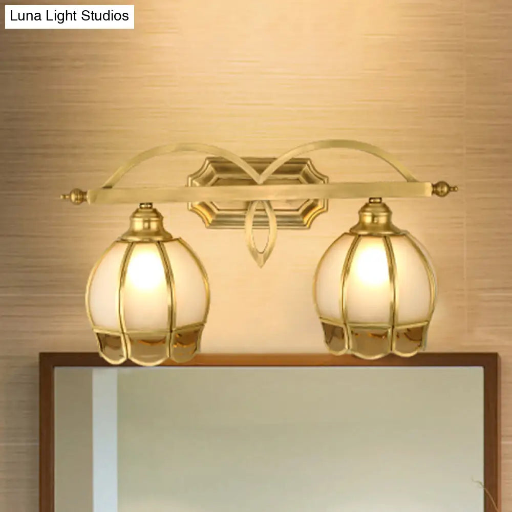 Gold Milk Glass Wall Sconce With Flower Accent 2-Light Vanity Fixture For Luxurious Bathroom