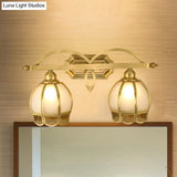 Gold Milk Glass Wall Sconce With Flower Accent 2-Light Vanity Fixture For Luxurious Bathroom