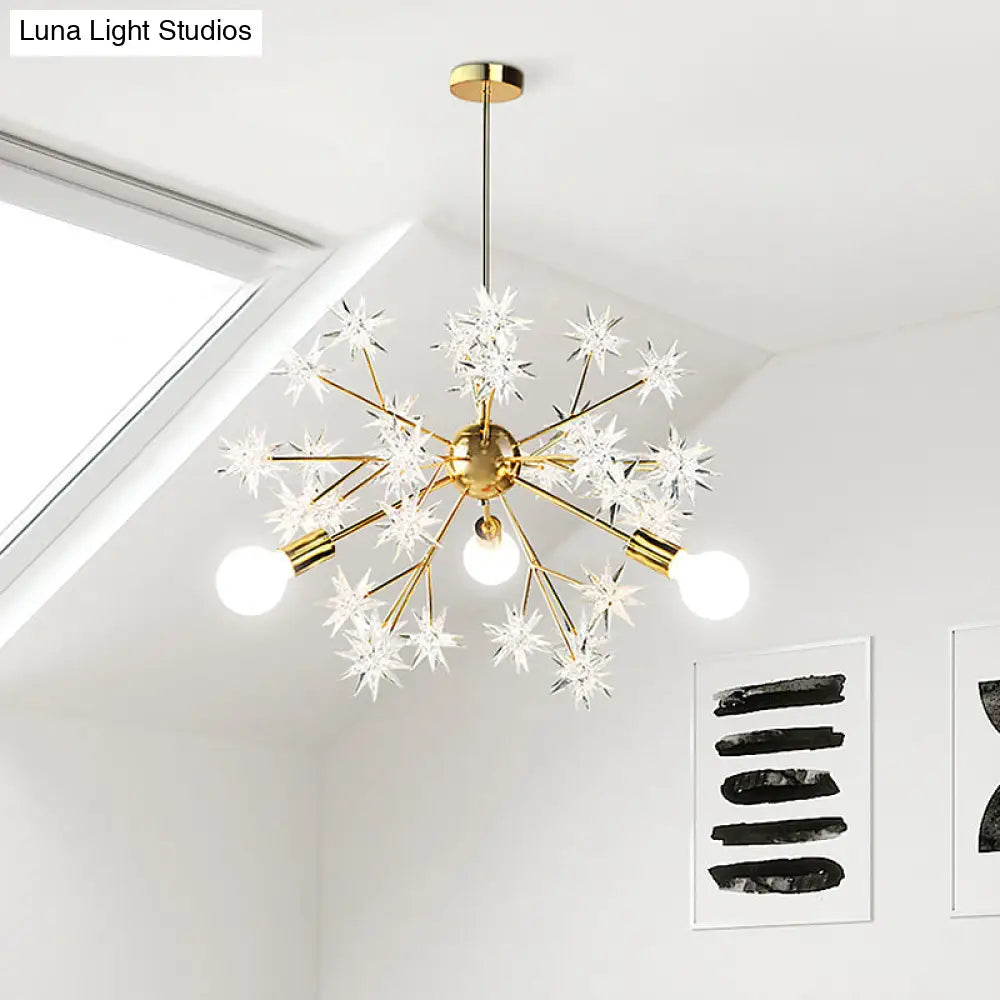 Gold Modern Exposed Bulb Bedroom 3 - Head Ceiling Mount Chandelier With Star Decor