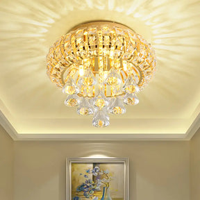 Gold Modern Round Ceiling Light With 5 Hand-Cut Crystal Heads - Flush Mount Lamp For Foyer