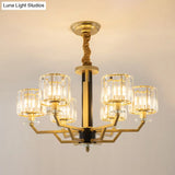Gold Modernist Chandelier With Hand-Cut Crystal Cylindrical Pendant Lights - 3/6 For Bedrooms