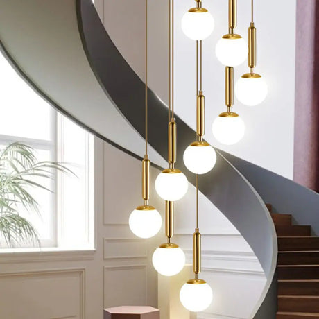 Gold Multi Hanging Stairway Light With Minimalist White Glass Ball Pendant 9 / Globe