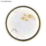Gold Oriental Led Mural Lamp: Metallic Rounded Plum Blossom Wall Lighting For Hallway