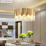 Gold Pendant Chandelier With Tri-Sided Crystal Rod Drum - Postmodern Design 6 Heads Hanging Light