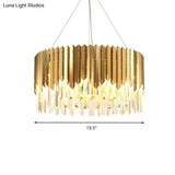 Gold Pendant Chandelier With Tri-Sided Crystal Rod Drum - Postmodern Design 6 Heads Hanging Light