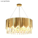 Gold Pendant Chandelier With Tri-Sided Crystal Rod Drum - Postmodern Design 6 Heads Hanging Light