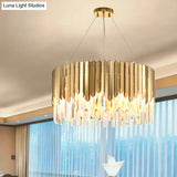Gold Pendant Chandelier With Tri-Sided Crystal Rod Drum - Postmodern Design 6 Heads Hanging Light