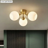 Gold Plated Semi - Flush Ceiling Light With Milky Glass Dome For Bedroom