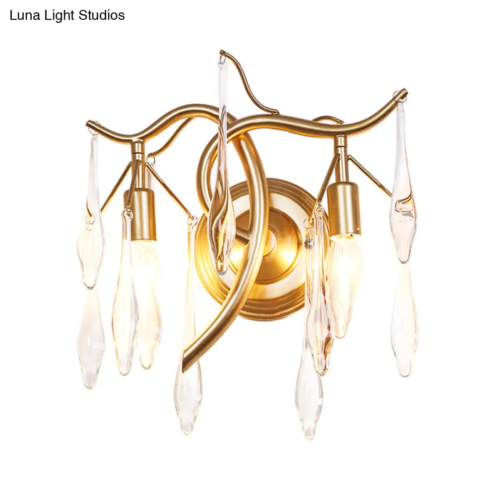 Gold Raindrop Wall Mount With Crystal Drop Shade - Retro 2-Head Lighting Solution