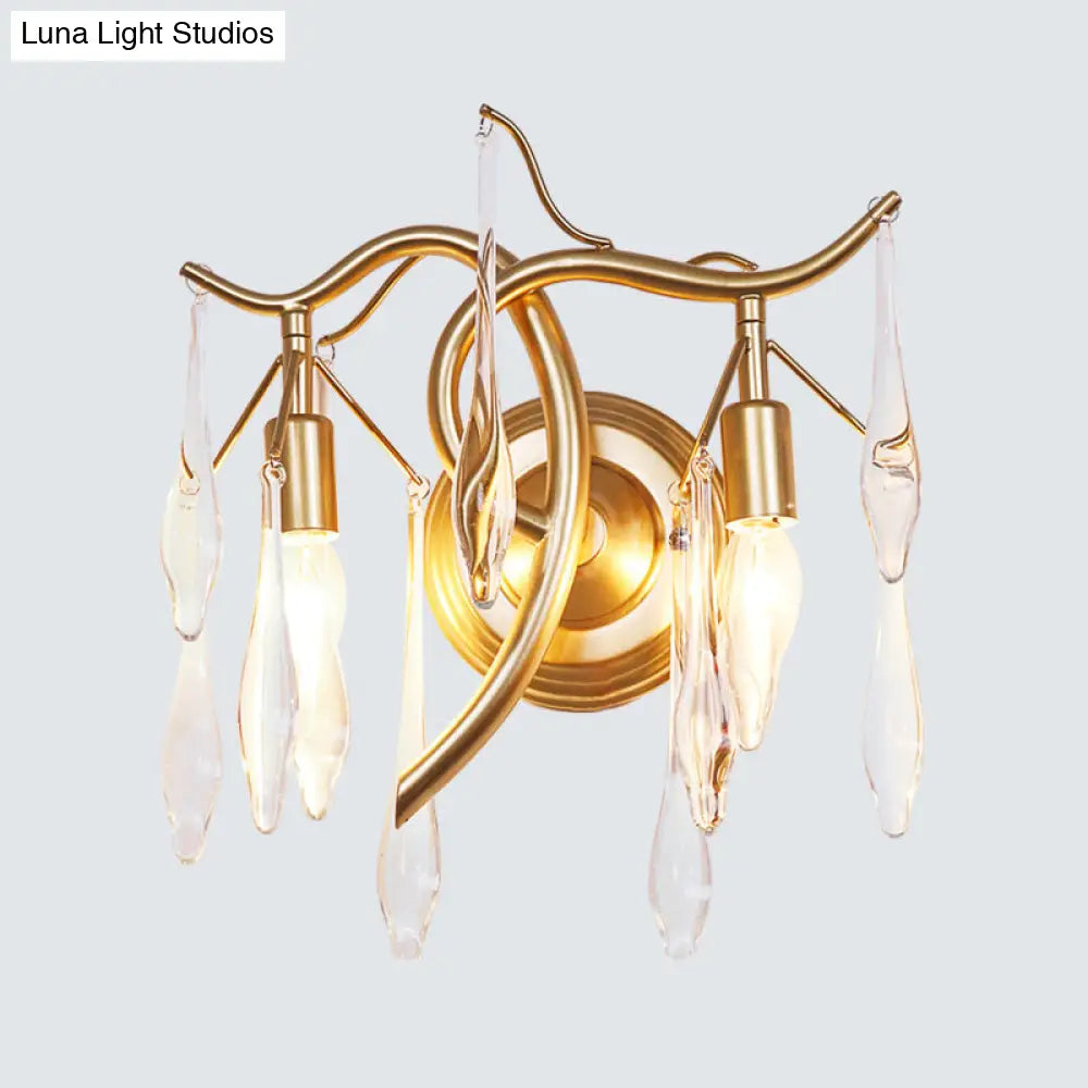 Gold Raindrop Wall Mount With Crystal Drop Shade - Retro 2-Head Lighting Solution