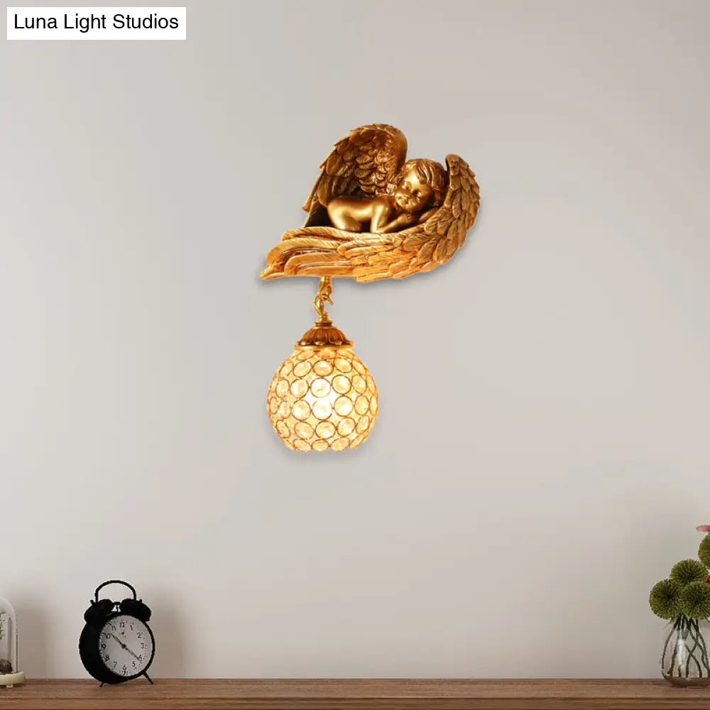 Gold Resin Angel Wall Sconce Light With Clear Crystal Dome Shade - Loft Style 1-Light Lighting