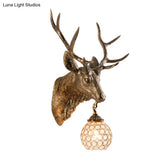 Gold Resin Elk Head Wall Mounted Sconce Lamp With Crystal Shade