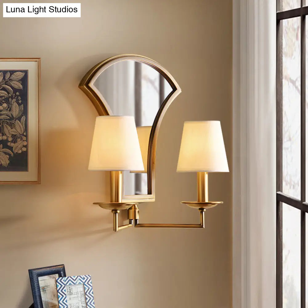 Gold Retro Candlestick Wall Lamp With 2 Bulbs And Mirror-Fabric Shade