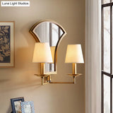 Gold Retro Candlestick Wall Lamp With 2 Bulbs And Mirror-Fabric Shade