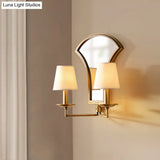 Gold Retro Candlestick Wall Lamp With 2 Bulbs And Mirror-Fabric Shade