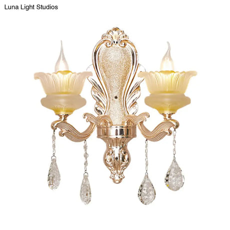 Gold Ribbed Glass Flower Sconce Lamp With 2 Lights For Mid-Century Indoor Wall Lighting