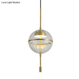 Gold Ribbed Glass Pendant Light With Spherical Design And Led - Postmodern Style