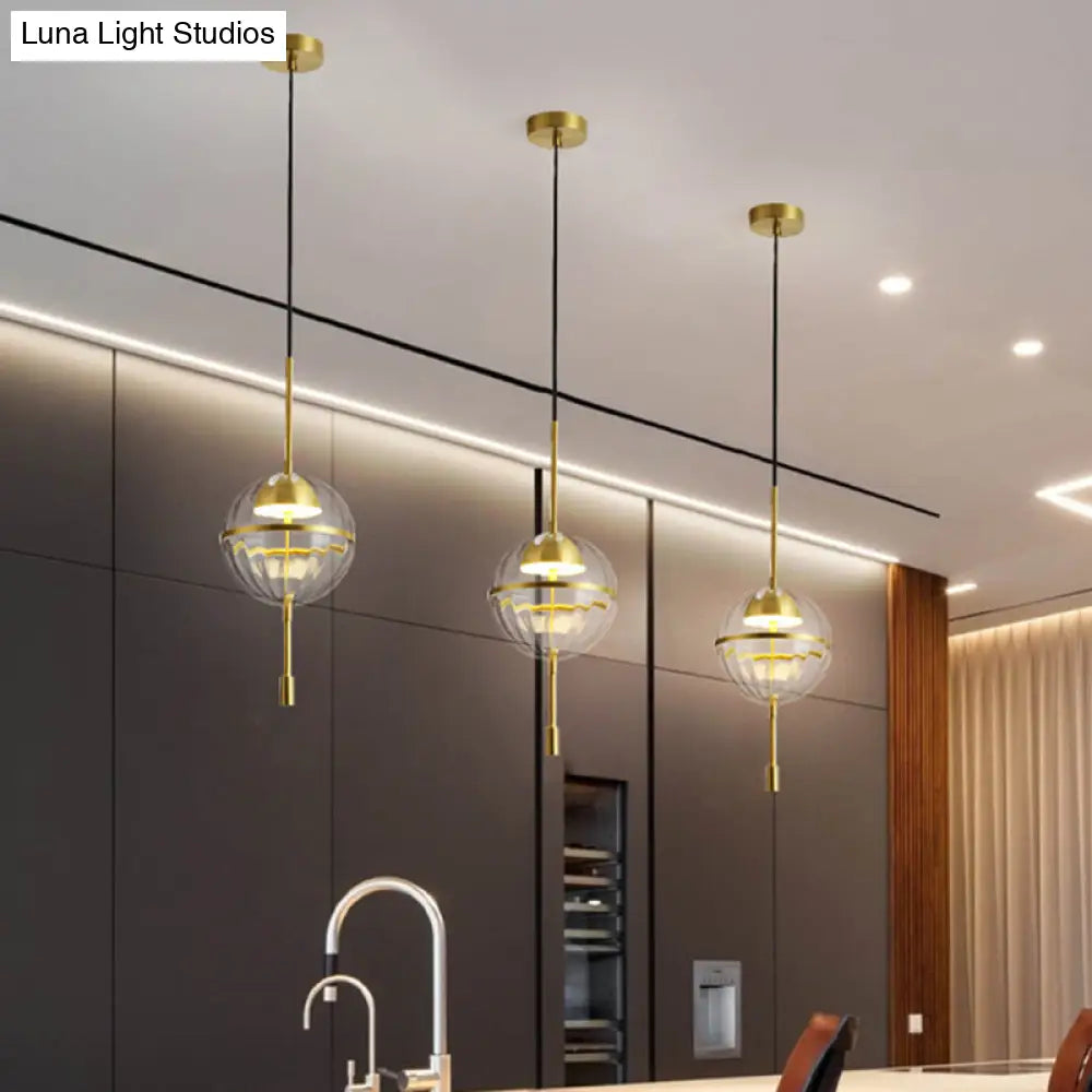Gold Ribbed Glass Pendant Light With Spherical Design And Led - Postmodern Style