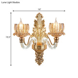 Gold Ribbed Glass Wall Sconce With 2 Floral Lights - Mid Century Fixture