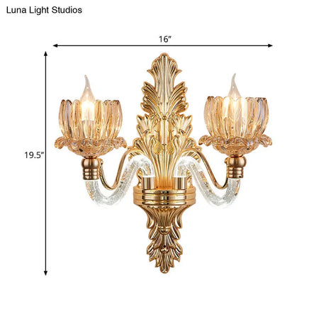 Gold Ribbed Glass Wall Sconce With 2 Floral Lights - Mid Century Fixture