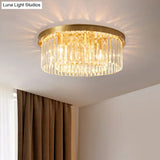 Gold Round Bedroom Flush Mount Lamp 4/5 Clear Crystal Prisms 16’/19.5’ Wide