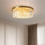 Gold Round Bedroom Flush Mount Lamp 4/5 Clear Crystal Prisms 16’/19.5’ Wide / 19.5’