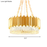 Gold Round Chandelier Lamp With Crystal Block Hangings - 19.5’’/23.5’’ Width Postmodern