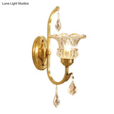 Gold Ruffle Glass Wall Light With Crystal Draping - Antique Floral Lighting Fixture