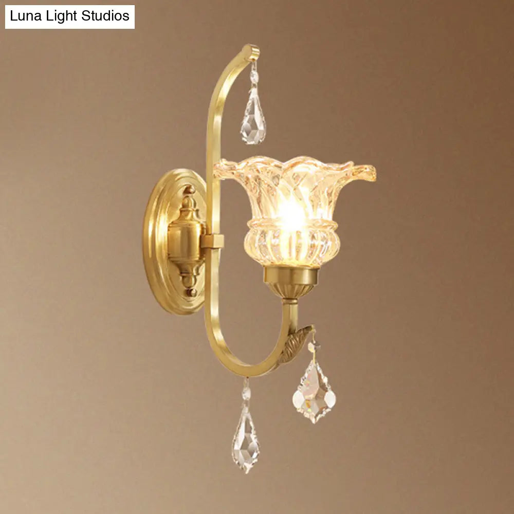 Gold Ruffle Glass Wall Light With Crystal Draping - Antique Floral Lighting Fixture