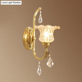 Gold Ruffle Glass Wall Light With Crystal Draping - Antique Floral Lighting Fixture