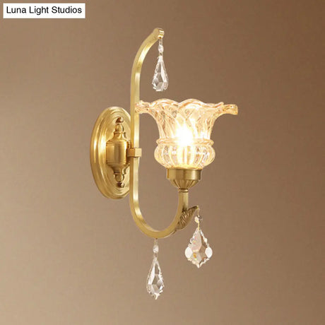 Gold Ruffle Glass Wall Light With Crystal Draping - Antique Floral Lighting Fixture
