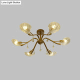 Gold Scalloped Shell Semi Flush Mount Crystal Chandelier - Countryside Parlor Ceiling Light