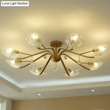 Gold Scalloped Shell Semi Flush Mount Crystal Chandelier - Countryside Parlor Ceiling Light