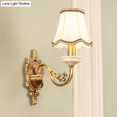 Gold Scalloped/Tapered/Curved Wall Mounted Bedside Light With Fabric/White Glass Shade