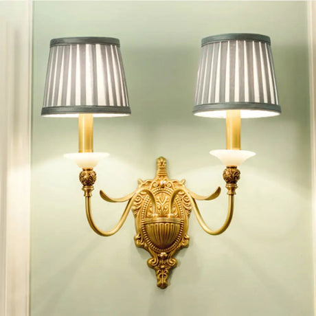 Gold Scalloped/Tapered/Curved Wall Mounted Bedside Light With Fabric/White Glass Shade 2 / B