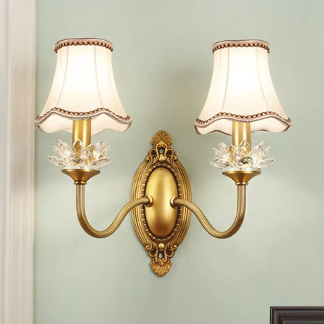 Gold Scalloped/Tapered/Curved Wall Mounted Bedside Light With Fabric/White Glass Shade 2 / D