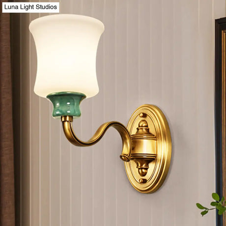 Gold Scalloped/Tapered/Curved Wall Mounted Bedside Light With Fabric/White Glass Shade