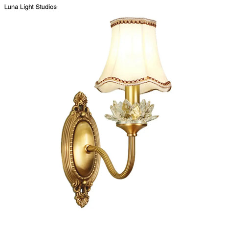 Gold Scalloped/Tapered/Curved Wall Mounted Bedside Light With Fabric/White Glass Shade