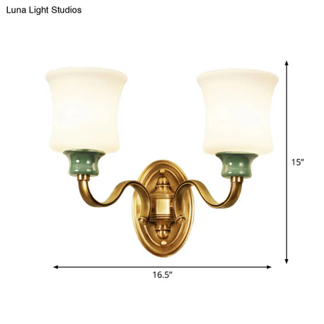 Gold Scalloped/Tapered/Curved Wall Mounted Bedside Light With Fabric/White Glass Shade