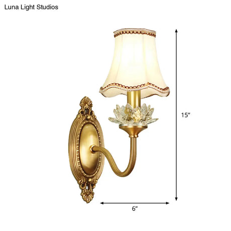 Gold Scalloped/Tapered/Curved Wall Mounted Bedside Light With Fabric/White Glass Shade