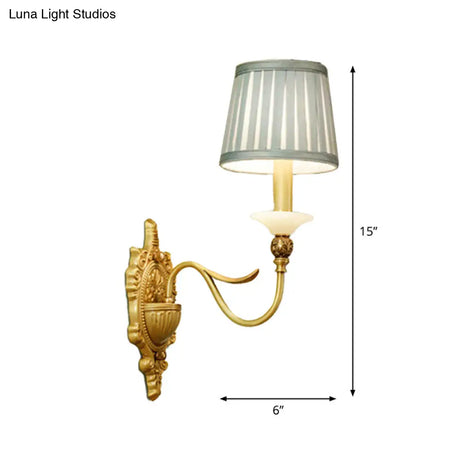 Gold Scalloped/Tapered/Curved Wall Mounted Bedside Light With Fabric/White Glass Shade