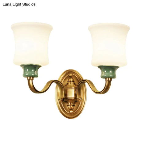 Gold Scalloped/Tapered/Curved Wall Mounted Bedside Light With Fabric/White Glass Shade