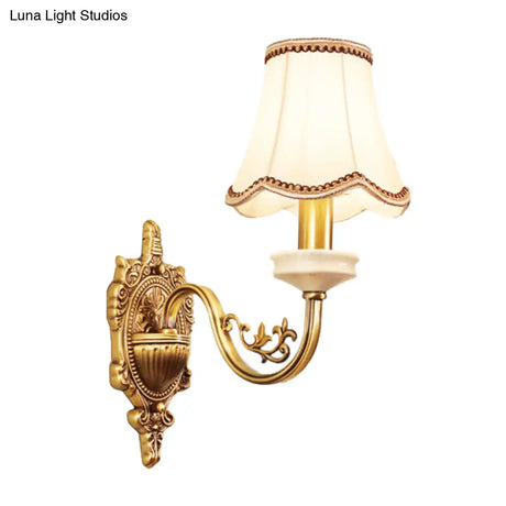 Gold Scalloped/Tapered/Curved Wall Mounted Bedside Light With Fabric/White Glass Shade
