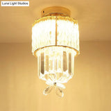 Gold Semi Flush Led Hallway Ceiling Light With K9 Crystal Cylinder Shade